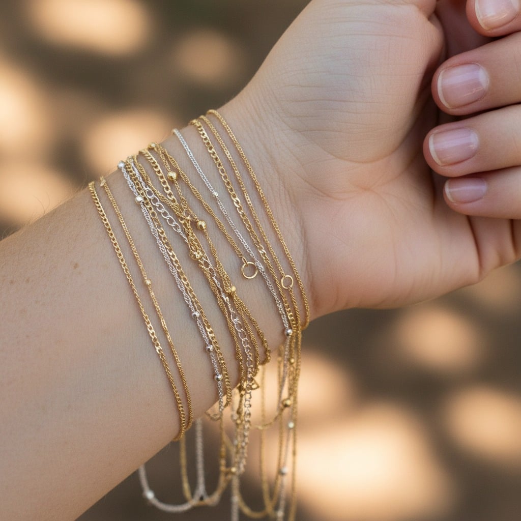 A woman's wrist wearing multiple layered gold and silver delicate bracelets against a blurred background.