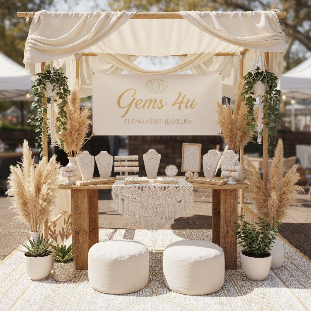 An outdoor vendor booth for "Gems 4u Permanent Jewelry" features a wooden table decorated with beige fabrics, pampas grass, potted plants, and various necklace and bracelet displays.