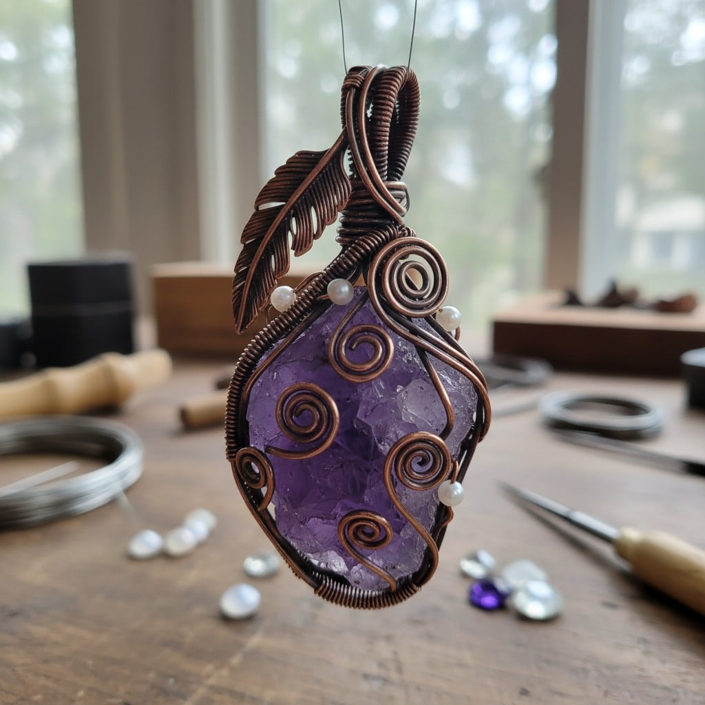 A wire-wrapped raw amethyst pendant hangs against a blurred workbench background, featuring decorative copper coils, a feather motif, and small white pearls.
